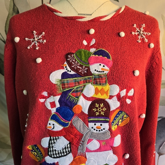 KIKIT | Vintage Adorable Snowman Sweater in Red sz M - Picture 2 of 11